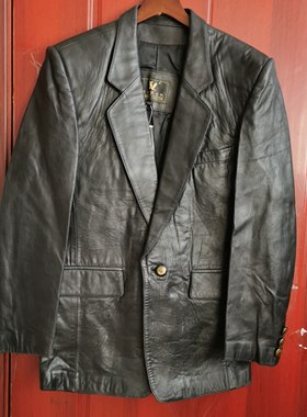 清货库存真皮皮衣男山羊皮西装外套黑色复古西服外套宽松中款上衣