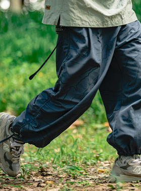 ASHFIRE新款等高线满印褶皱九分裤男日系宽松百搭束脚裤情侣长裤