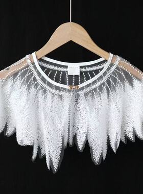 华丽风手工亮片网纱披肩女白色百搭超仙斗篷外套