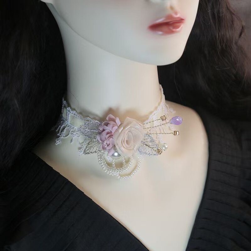 蕾丝花朵珍珠项链女防走光遮疤薄款花边假领子颈带
