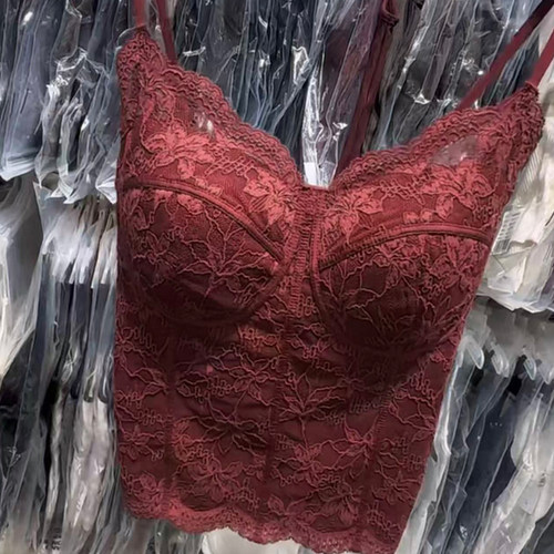 6100秋冬新款性感法式蕾丝吊带女马甲线磨毛带胸垫固定杯洋气背心
