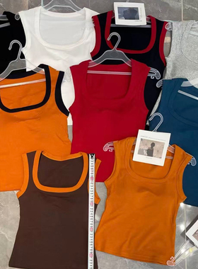 妃子纪3655纯棉吊带背心女带胸垫一体式撞色拼色方领显瘦打底衫秋