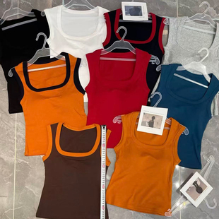 妃子纪3655纯棉吊带背心女带胸垫一体式撞色拼色方领显瘦打底衫秋