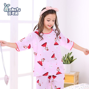 儿童睡衣女童夏季绵绸小女孩宝宝短袖家居服薄款中大童空调服套装