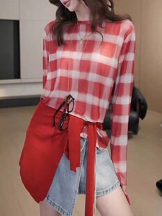 多巴胺红色格子微透网纱长袖t恤女士夏季2026新款防晒衣罩衫上衣