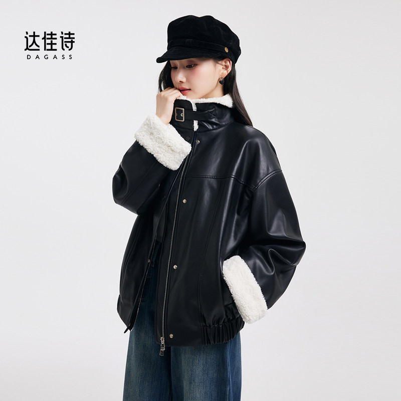 达佳诗黑色皮衣外套女冬季加绒加厚立领美式复古机车服休闲夹克