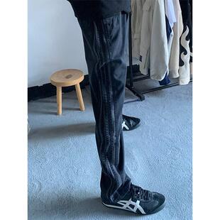 美式深灰色拼接条纹裤子女款2026年春季vibe直筒三条杠运动休闲裤