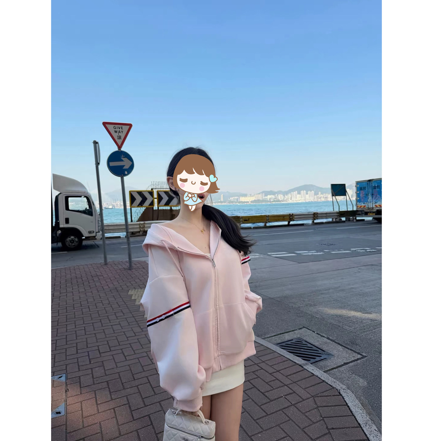 朵陈允*院韩系*三色织带嫩粉色垂感柔软连帽拉链宽松卫衣外套