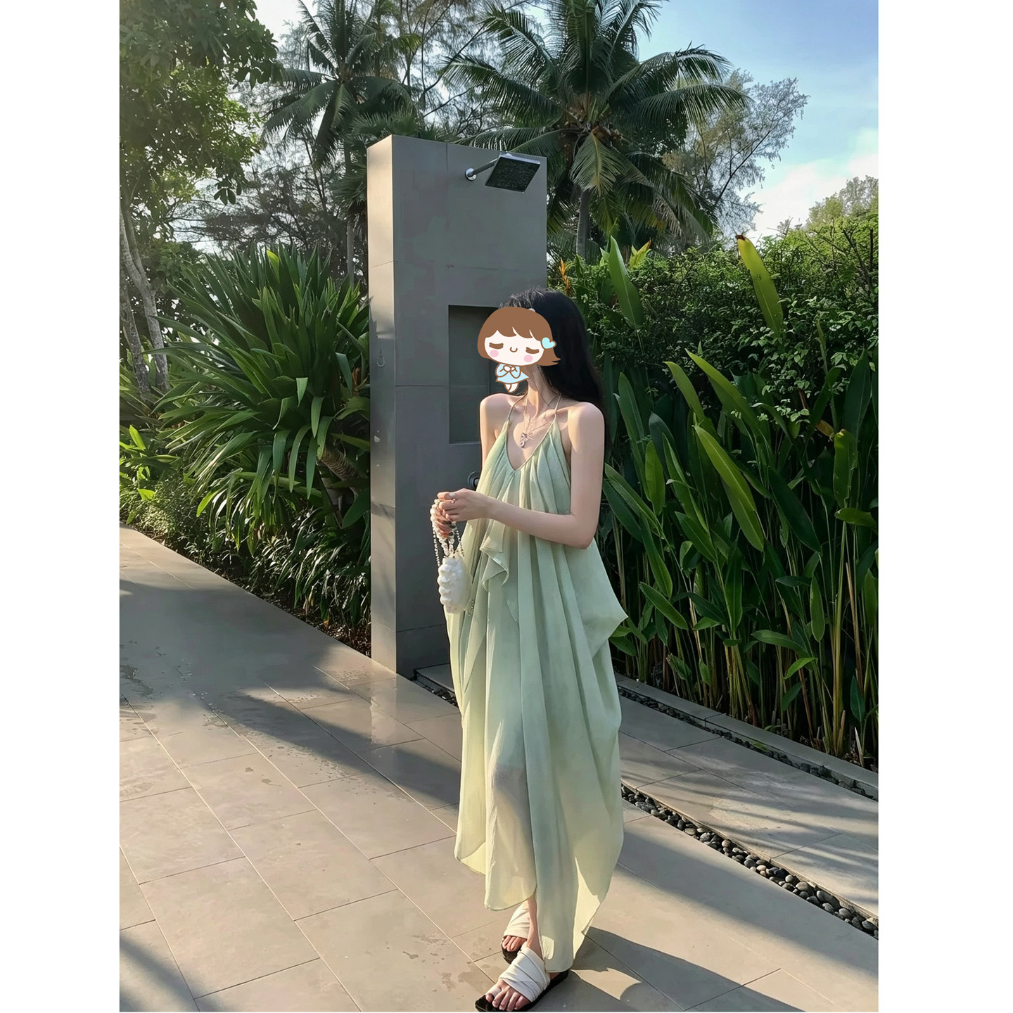 欧区阳区 天V领挂脖吊带连衣裙女夏季长裙海边度假露背长款裙子丝