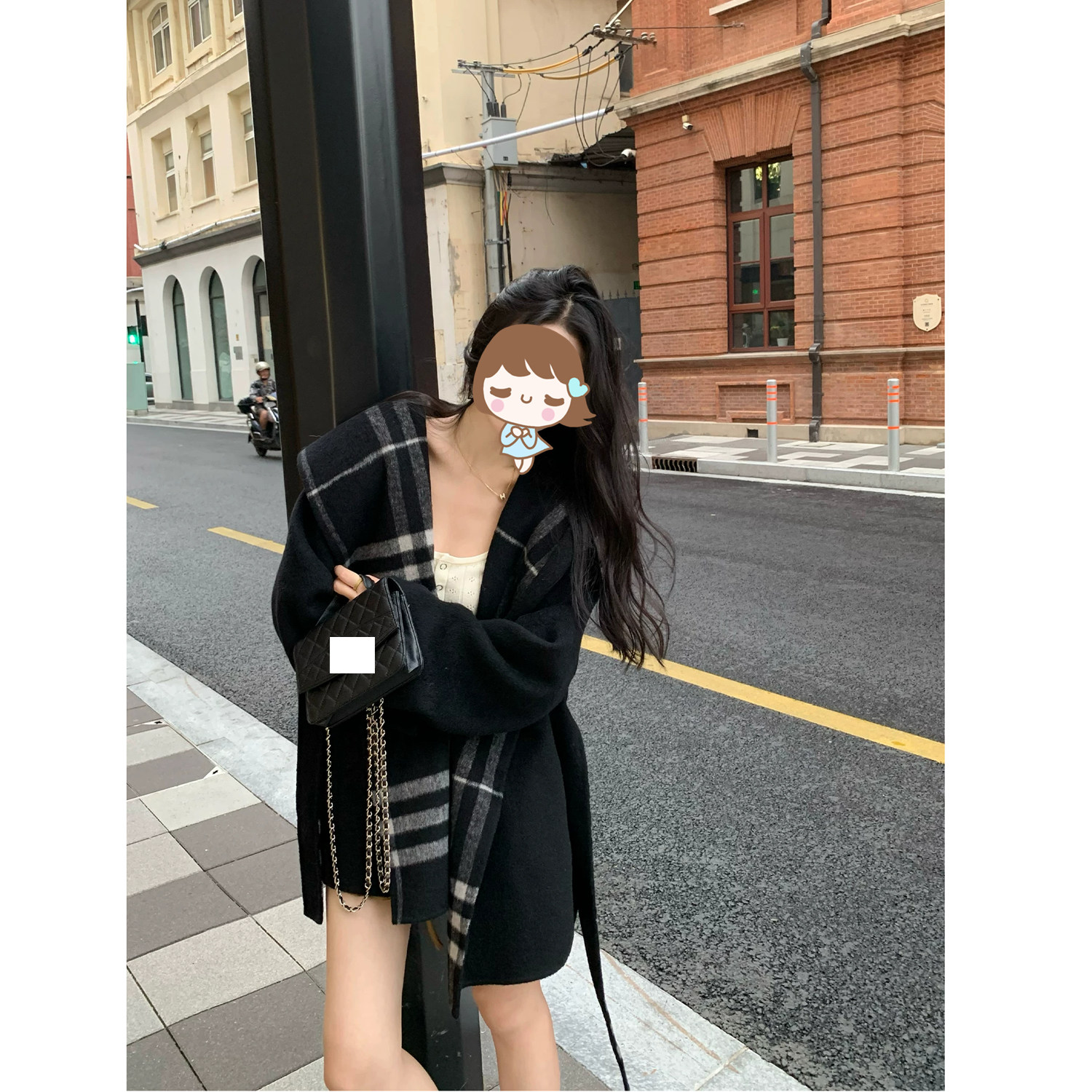 琪柚子 巴黎 黑色格子羊毛大衣女秋冬中长款双面流浪呢子毛呢外套