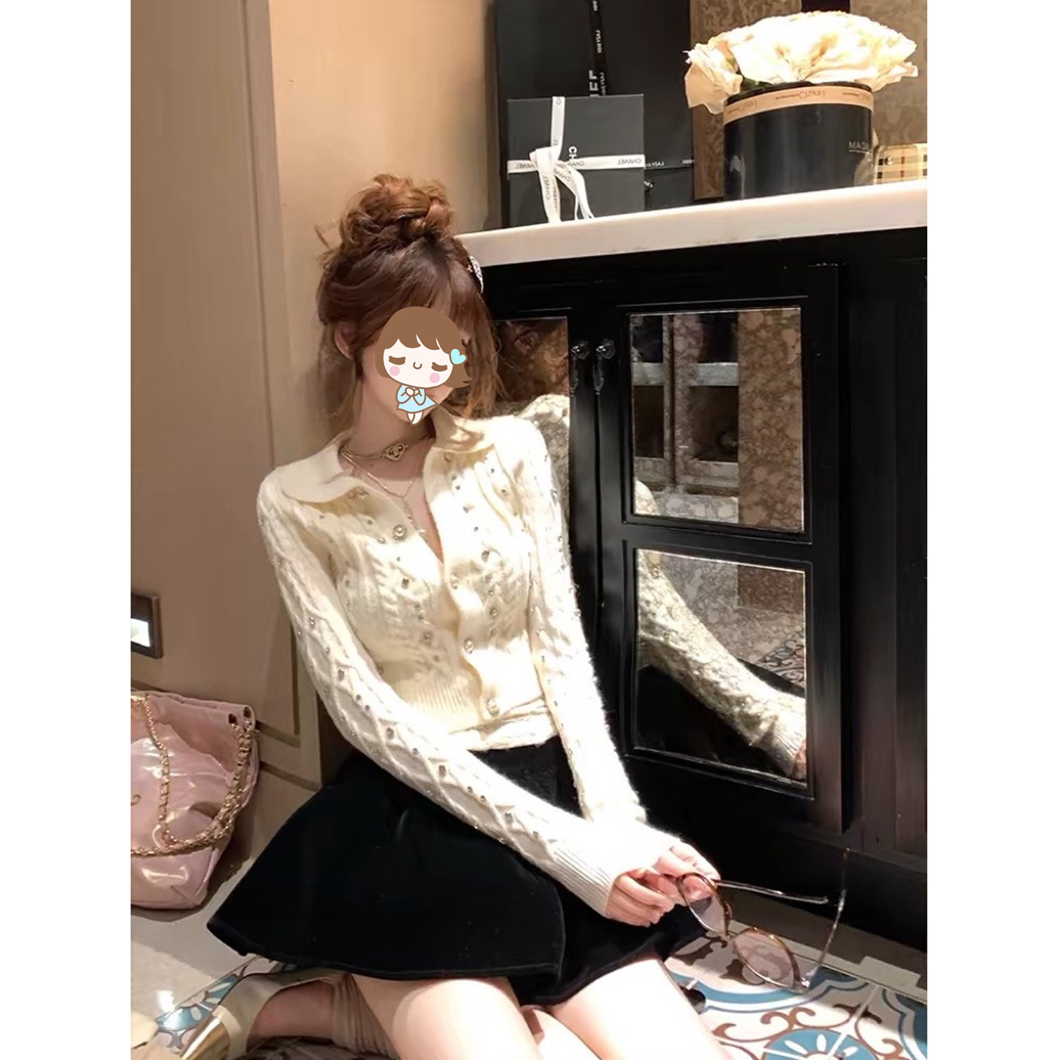 Layz Diid珍珠云朵 朦胧松软毛衣开衫高腰修身钉珠甜美针织上衣