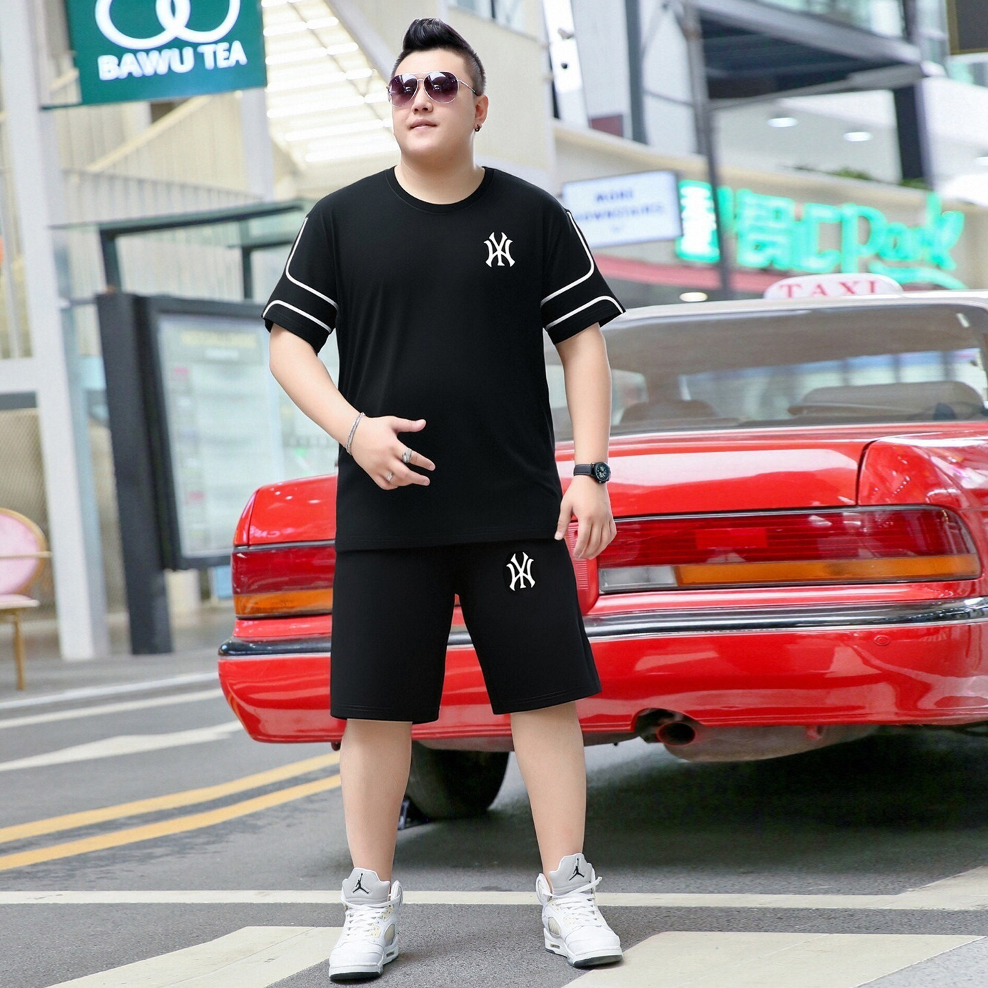 胖子男士加肥加大码休闲运动套装短裤短袖T恤搭配睡衣夏装两件套