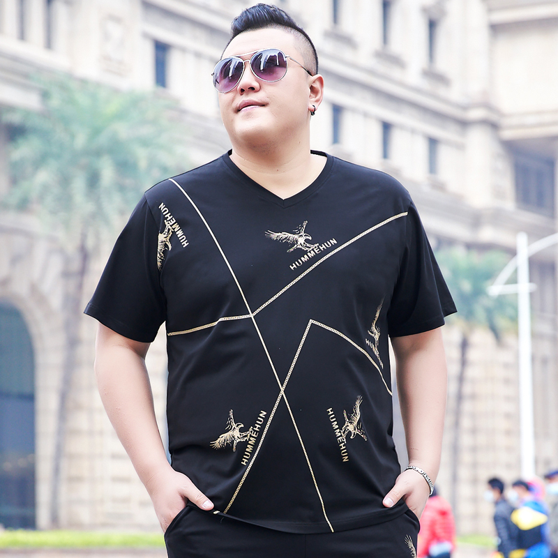 夏季大码宽松肥佬胖人v领短袖t恤