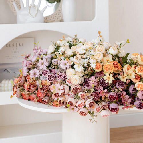 胭脂玫瑰珠串单枝小花束仿真花