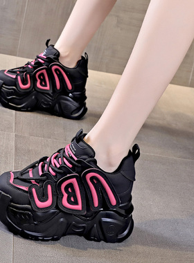 震地王高跟老爹鞋女ins潮百搭2023新款9cm厚底内增高真皮休闲单鞋