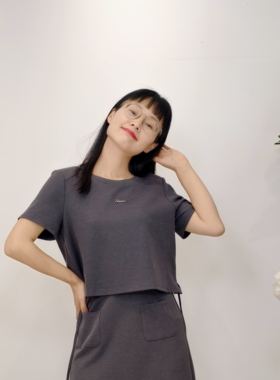 可路莎专柜252620A夏季宽松休闲截短上衣女印花短袖T恤