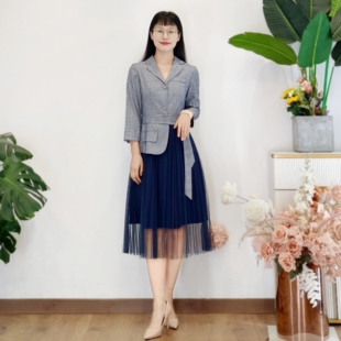 艺素晓L1087春秋七分袖西服拼接网纱裙女不对称假两件连衣裙