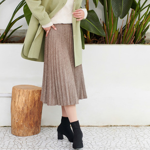 可路莎C204754压褶半裙秋冬新款高腰显瘦百褶裙中长款a字裙女
