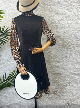 可路莎91284复古拼接豹纹连衣裙女春秋款撞色修身假两件长裙