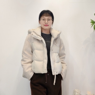 可路莎专柜257480冬季毛呢拼接设计感连帽短款羽绒服女面包服