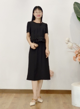 可路莎专柜252525夏季立体荷叶花边假两件连衣裙女气质直筒裙