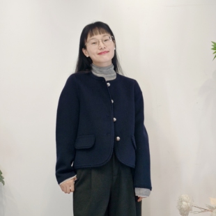 可路莎专柜258494秋冬简约圆领短款小香风双面呢大衣外套