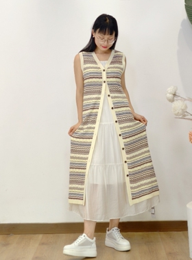 可路莎专柜252410夏季彩色条纹针织连衣裙女无袖长款针织开衫