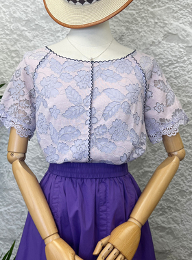 可路莎C92459蕾丝小衫夏季新款时尚蝴蝶结波浪边短袖T恤