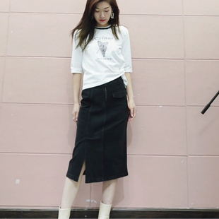 可路莎C131086修身牛仔包裙女春季新款高腰前开叉半身长裙