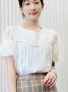 2023夏新款复古泡泡袖天丝衬衫女慢一点M3903宫廷风刺绣减龄短袖