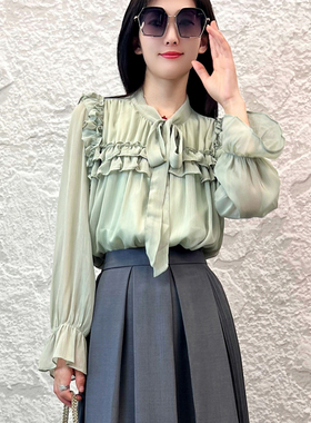 春秋款慢一点M24601优雅法式飘带雪纺衫木耳边气质长袖衬衣