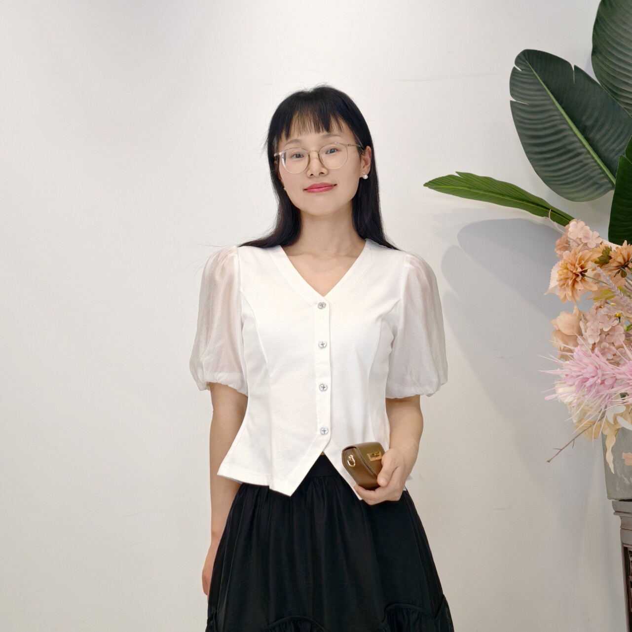 可路莎专柜242415夏季V领修身收腰短袖T恤女拼接雪纺泡泡袖上衣