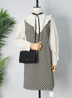 可路莎C141505时尚荷叶边连衣裙女秋冬新款撞色拼接减龄a字裙