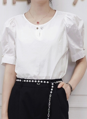 夏季新款艺素晓棉布珍珠扣装饰简约短袖气质荷叶五分袖212120