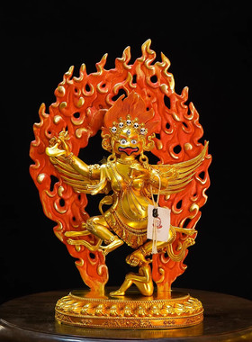 藏式纯铜十寸大鹏金翅鸟佛像彩绘鎏金大鹏鸟站像精品仿古鎏金铜像