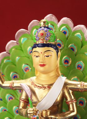 藏式纯铜西藏孔雀明王雕佛像家用供奉摆件精品全身彩绘铜像装物