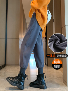 洋气灰运动裤女冬季加绒九分休闲裤子小个子八分束脚加厚卫裤春秋