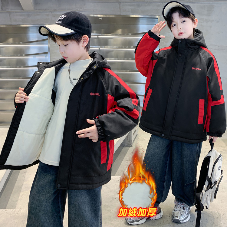 男童加绒外套连帽棉服冬天2025新品夹棉衣中大童男孩洋气加厚棉袄