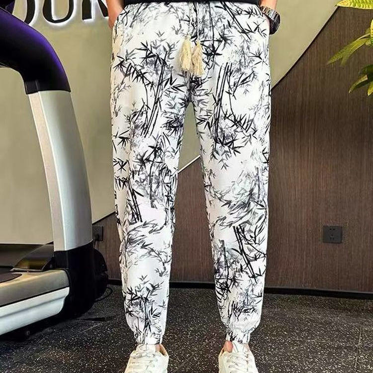 新中式白黑印花花纹印花速干束脚沙滩裤夏季男士冰丝薄款休闲长裤