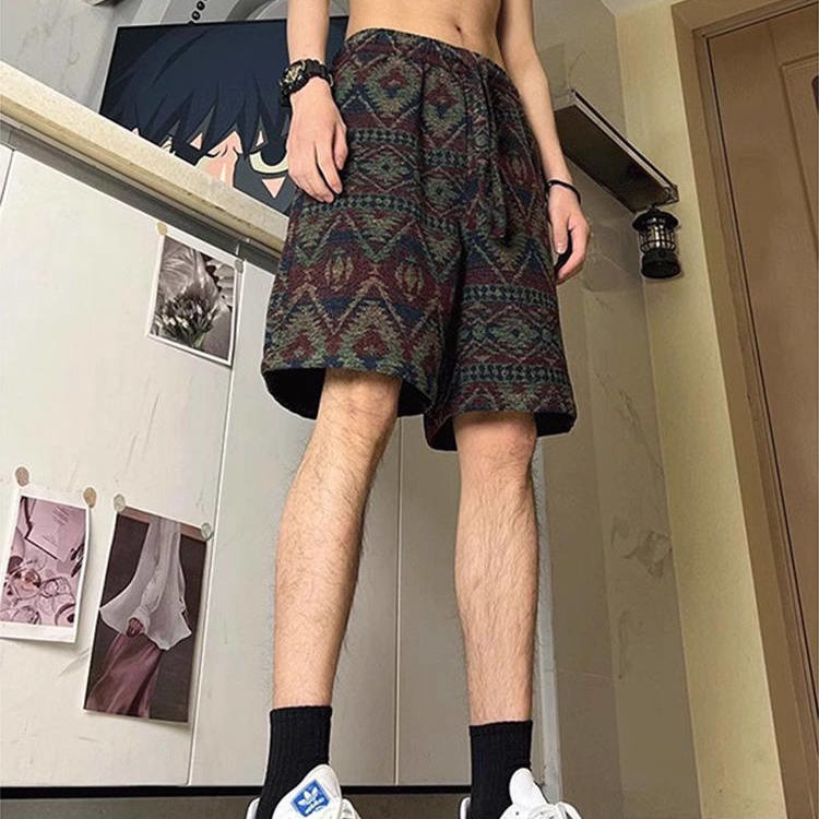 民族风藏青格子短裤男款夏季设计感复古五分裤子宽松休闲印花中裤