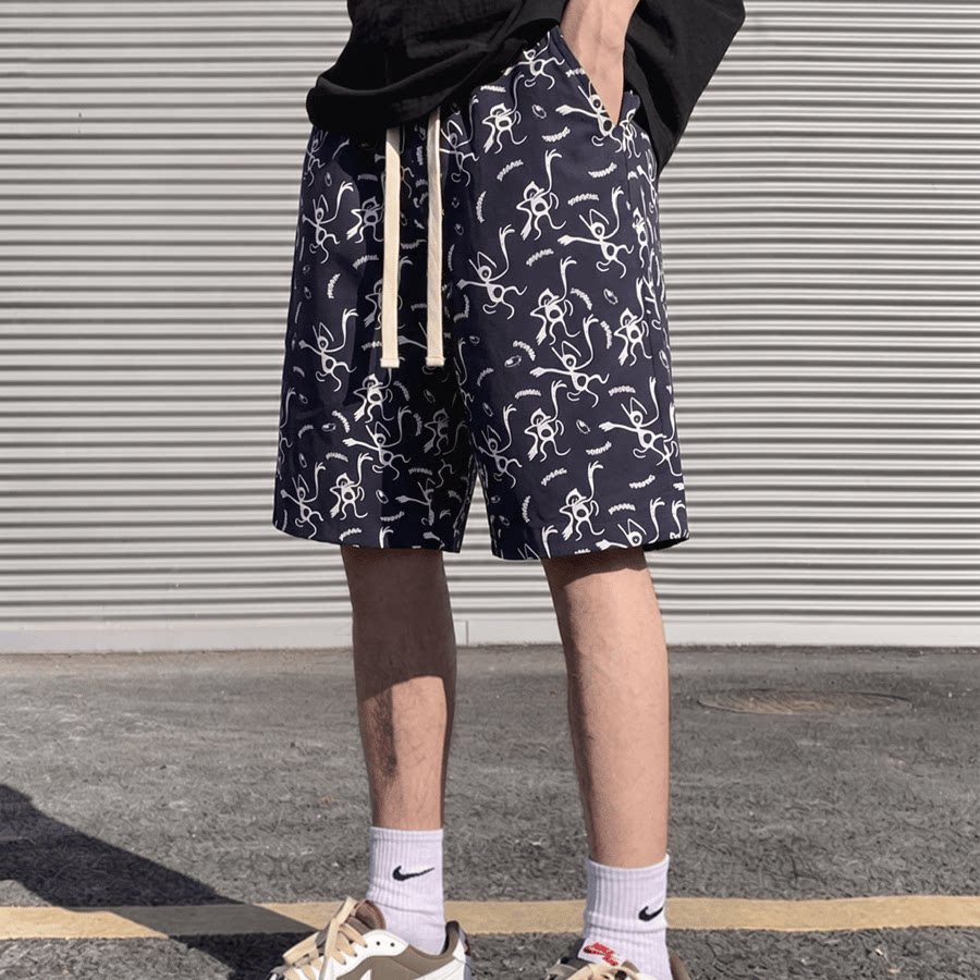 夏季新款趣味满印休闲短裤男女同款宽松舒适运动直筒五分沙滩裤