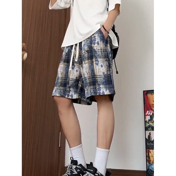 泼墨撞色格子印花短裤男款夏季美式高街直筒休闲裤子休闲四五分裤