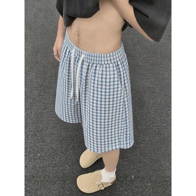 夏季薄款肌理感格子短裤男生宽松慵懒风直筒中裤透气不闷汗五分裤