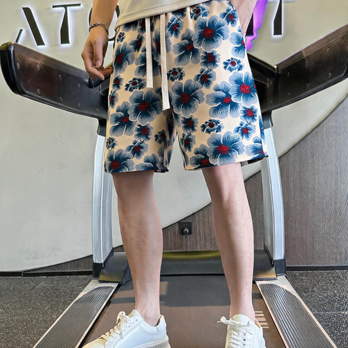 美式复古扶桑花短裤男女夏季沙滩裤宽松垂感直筒潮牌休闲五分裤