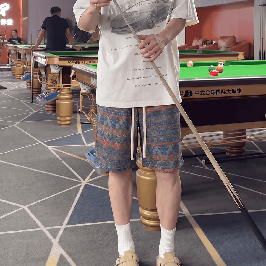 日系水洗菱格纹五分薄款短裤松紧腰抽绳阔腿休闲中裤情侣运动短裤