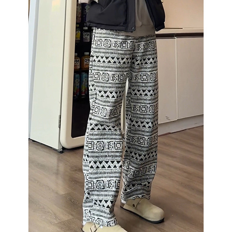 小香风黑白格子卫裤男款设计感春秋季松紧腰裤子直筒宽松休闲长裤