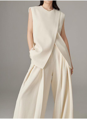 2024强捻面料立体裁剪不规则廓形垂坠 双褶显瘦西装马甲套装女
