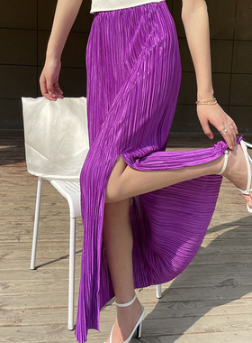 MASA 经典压褶侧开叉高腰半身裙直筒一步裙春夏薄款通勤中长裙