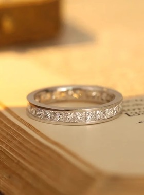 S925莫桑石戒指公主方排戒男女情侣款钻戒镀银指环情人节礼物