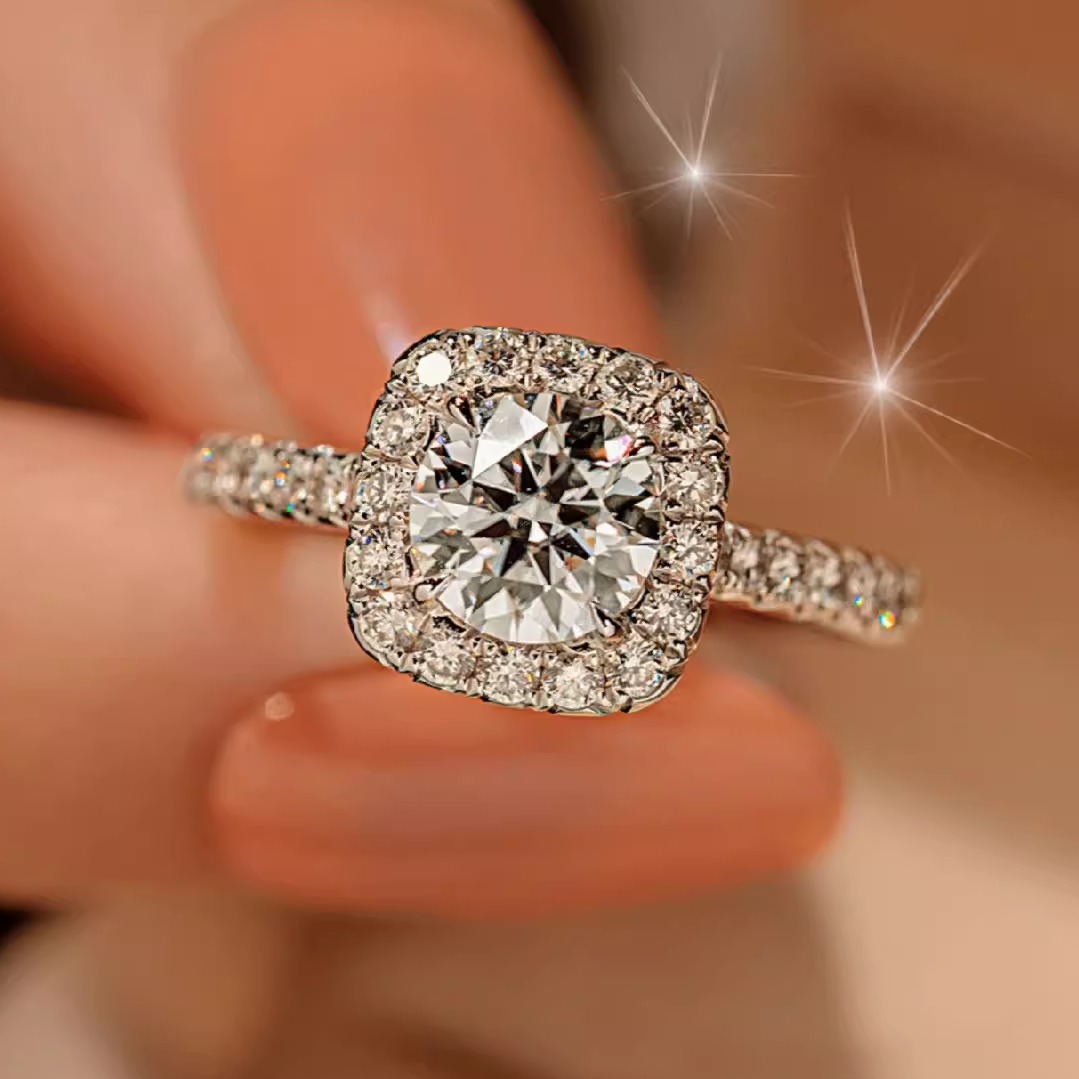 S925纯银莫桑石戒指满天星小方糖1克拉50分包镶女款经典四爪钻戒